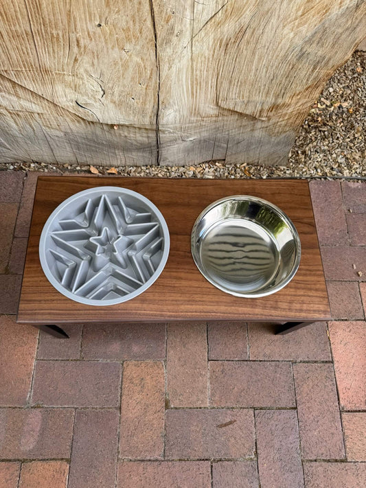 Large, Walnut, 2-Bowl, Slow-Feed, 10", Black straight legs