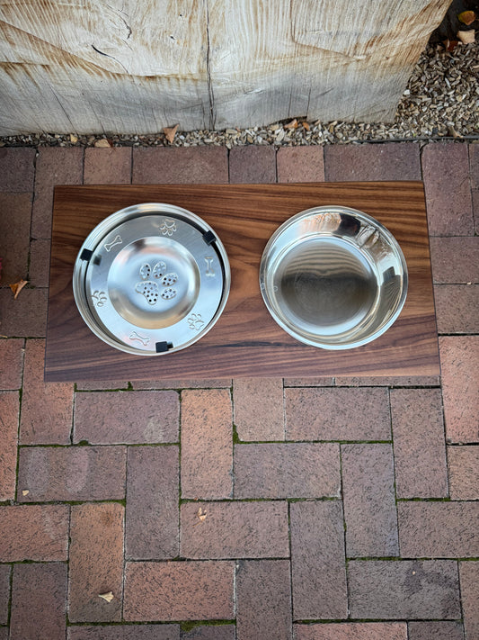 Large, Walnut, 2-Bowl, No-Drip, 10", Black straight legs