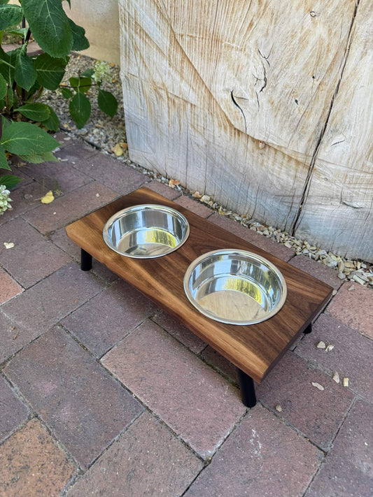 Small, Walnut, 2-Bowl, 4", Black slanted legs