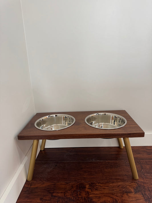 Large, Walnut, 2-Bowl, 10", Gold slanted legs