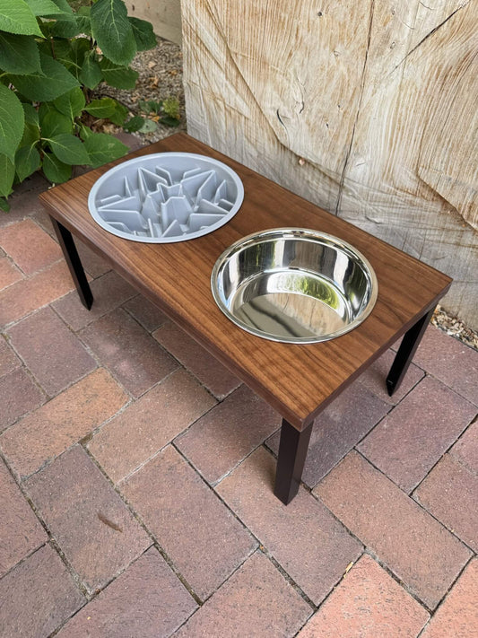 Large, Walnut, 2-Bowl, Slow-Feed, 10", Black straight legs