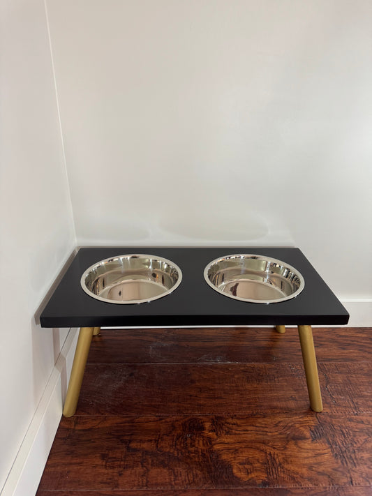 Large, Black, 2-Bowl, 10", Gold slanted legs