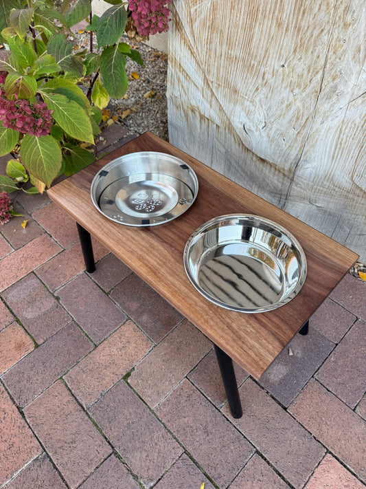 Large, Walnut, 2-Bowl, No-Drip, 12", Black slanted legs