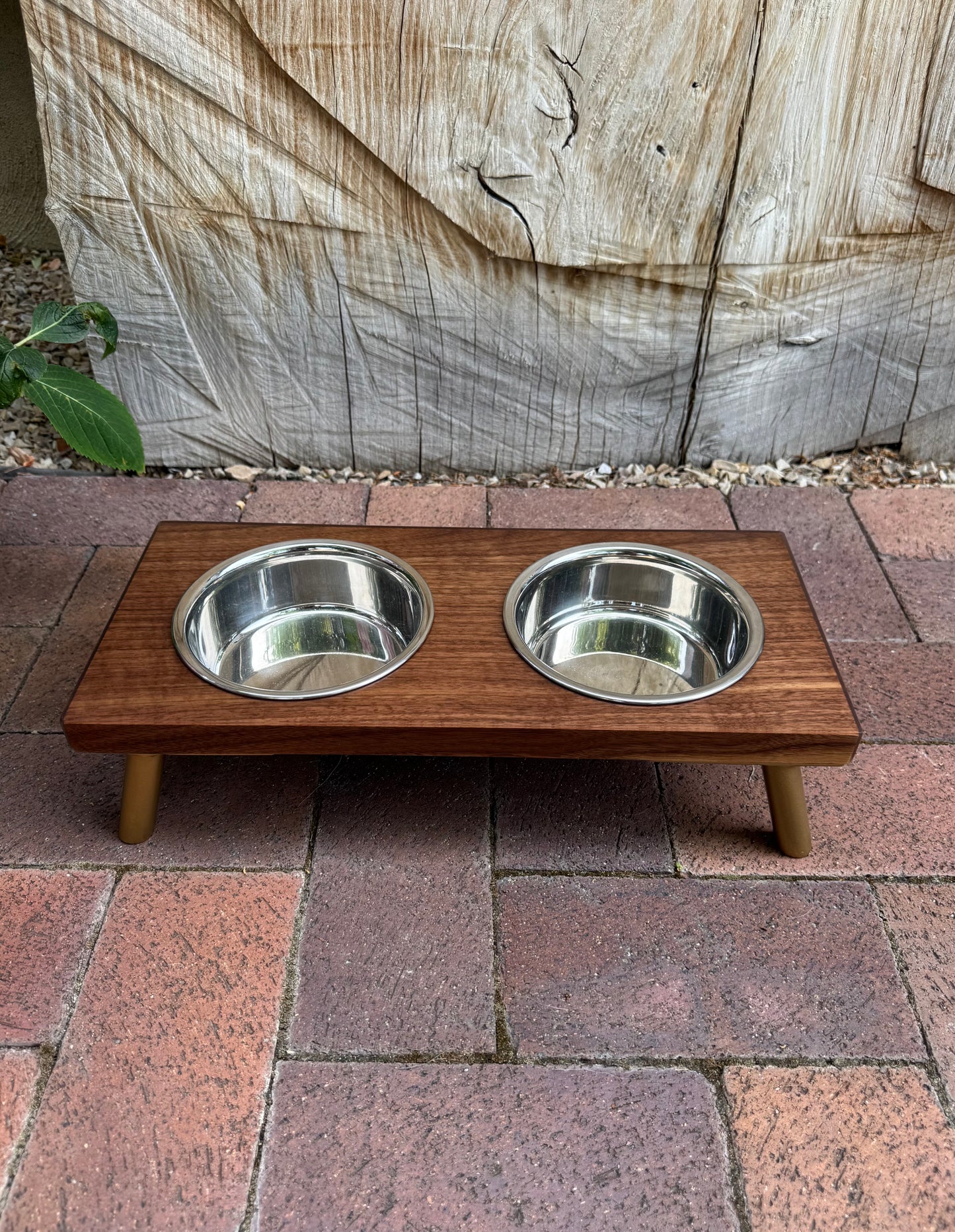 Small, Walnut, 2-Bowl, 4", Gold Powder Coated Slanted Legs