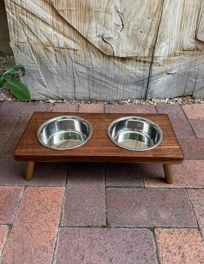 Small, Walnut, 2-Bowl, 4", Gold Powder Coated Slanted Legs