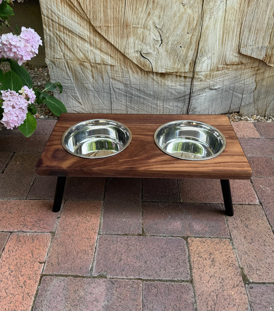Medium, Walnut, 2-Bowl, 6", Black Powder Coated  Slanted Legs