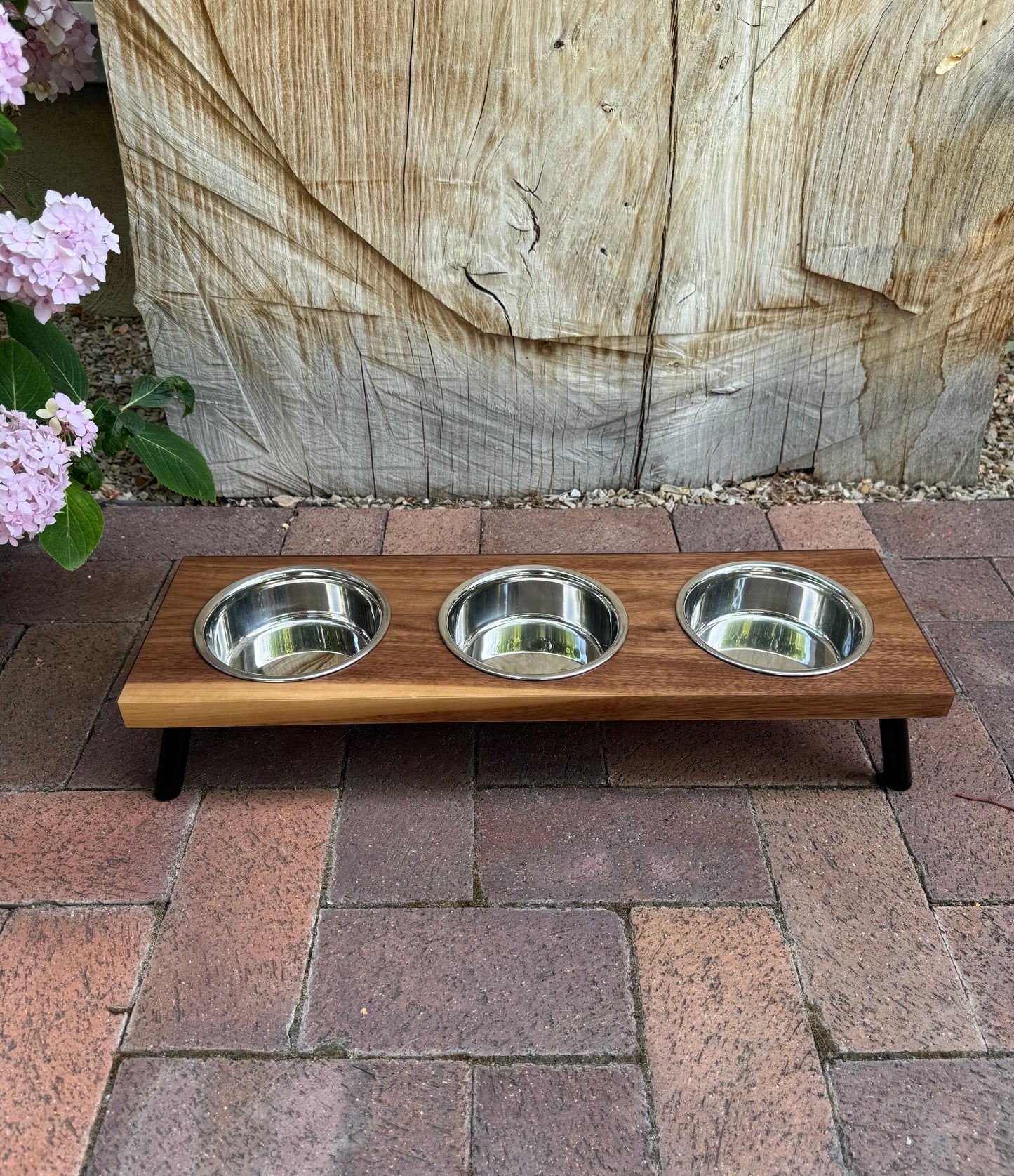 Small, Walnut, 3-Bowl, 4", Black Powder Coated Slanted Legs