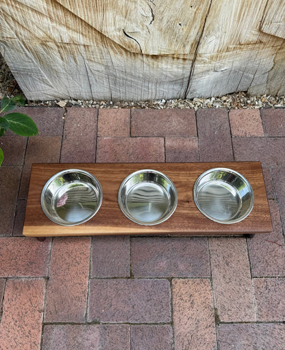 Small, Walnut, 3-Bowl, 4", Black Powder Coated Slanted Legs