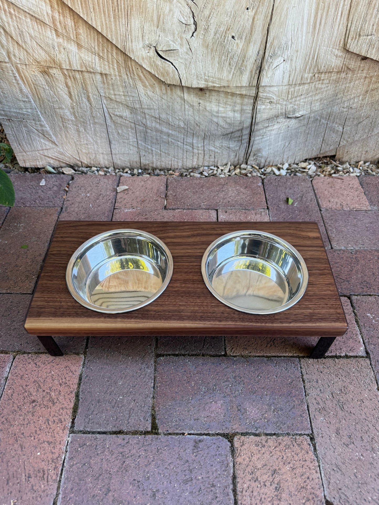 Small, Walnut, 2-Bowl, 4", Black Powder Coated straight legs