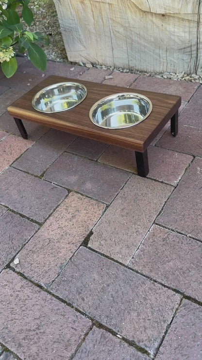 Small, Walnut, 2-Bowl, 4", Black Powder Coated straight legs